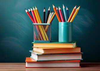 Fototapeta premium stack of books with two cups of pencils on top