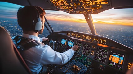 2. A commercial pilot adjusting controls in a modern aircraft, with a panoramic view through the cockpit windows