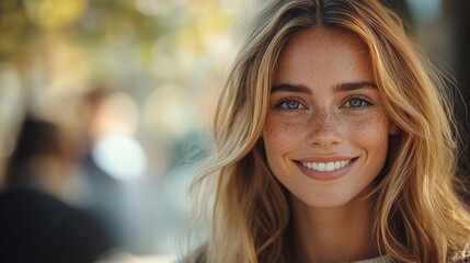 Obraz premium Portrait of a smiling woman with freckles and blonde hair