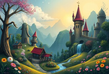 Whimsical fantasy landscape from imagination