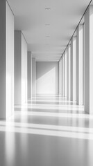 Empty White Corridor with Light Streaming Through Windows