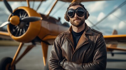 3. A vintage pilot in a leather jacket and goggles, standing beside a classic biplane
