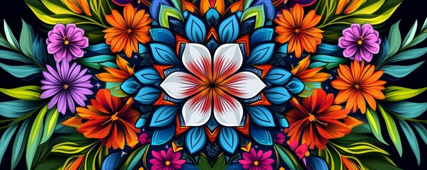 Vibrant floral pattern featuring colorful flowers and green leaves on a dark background.