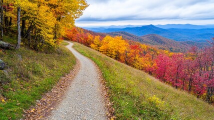 Naklejka premium A peaceful mountain trail winding through vibrant autumn trees in shades of red, yellow, and orange