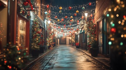 An empty scene featuring (a festive street lined with colorful holiday lights and decorations), creating an ideal product mockup space, 