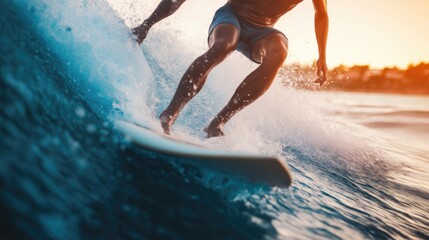 A close-up photo of a handsome surfer skillfully riding a wave during sunset.