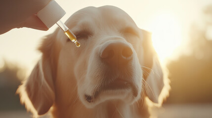 A dog peacefully receiving eye drops from a dropper, with a soft sunlight glow in the background.