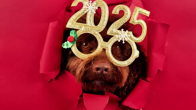 Cute spaniel with festive 2025 glasses peeking out on a red background. Happy New Year