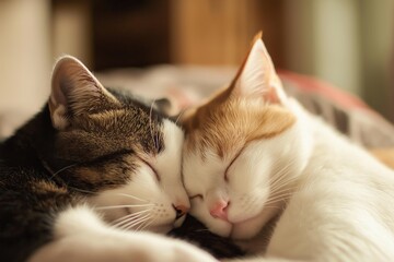 Two sleeping cats with heads touching, nestled together in a cozy, peaceful slumber