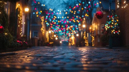 An empty scene featuring (a festive street lined with colorful holiday lights and decorations), creating an ideal product mockup space, 