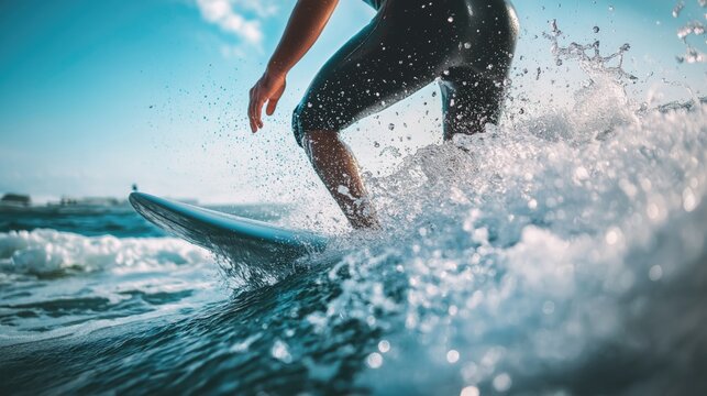 A close-up photo of a handsome surfer skillfully riding a wave in the ocean.
