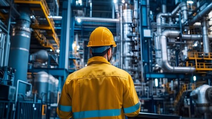 A worker in a protective helmet checking on robotic machinery in a highly advanced petrochemical plant.