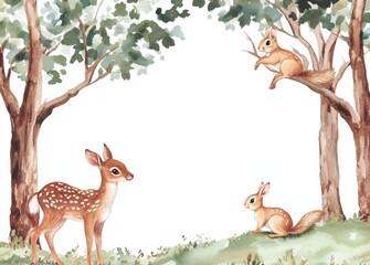 Wallpaper with squirrel, deer, and rabbit. Watercolor animal illustration and forest evergreen trees.