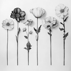 Elegant black and white illustration of various flowers, showcasing intricate details and artistic design in a minimalist style.