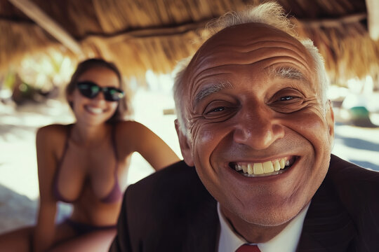 Happy old and rich businessman as a sugar daddy in a beach bungalow, young girl as a lover in background