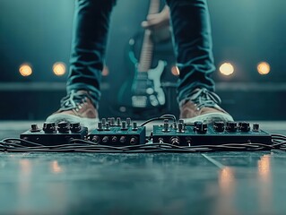 Musician adjusting wired guitar pedals, close-up, stage lighting