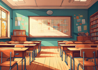 school classroom setting with desks and window light coming in 