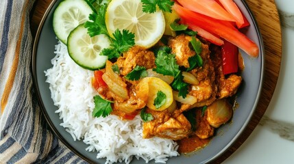 A vibrant plate of chicken curry served with white rice, fresh vegetables, and garnished with lime and cilantro leaves.