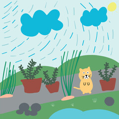 kids drawing cat are playing on the street