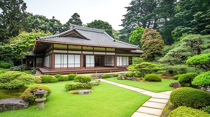 Fototapeta premium Tranquil Japanese Garden with Traditional House