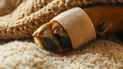A dog with an injured paw resting on a bed, its paw wrapped in medical gauze by a veterinarian, showcasing care for puppies.