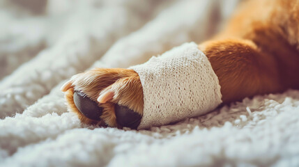 Care for puppies: a dog that injured its leg and is now wearing a bandage, feeling much better due to the attention given to its injury.