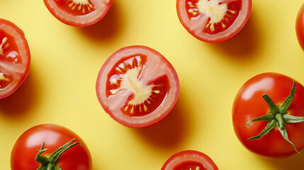 Freshly sliced and whole tomatoes arranged on a bright yellow background, showcasing their vibrant red color and juicy texture.