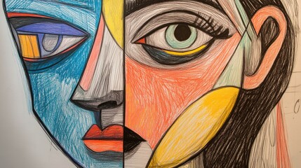 Cubist style hand drawn portrait of a girl