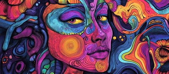 Vibrant psychedelic line art featuring an abstract female figure Hand drawn doodles and lines create a unique 2d artwork