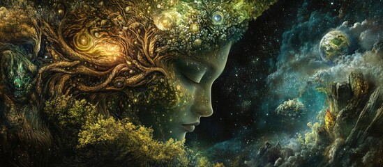 Spiritually inspired surreal artwork representing the connection to nature and the universe promoting themes of environmental preservation and the essence of sacred existence