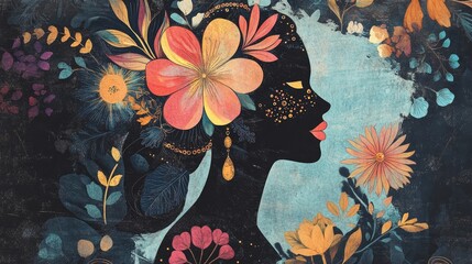 Bohemian woman depicted in surreal art featuring a floral silhouette Design theme encompassing philosophy astrology esotericism surrealism and cosmic elements