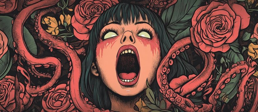 Hand drawn 2d illustration featuring a screaming girl surrounded by tentacles roses and a Venus flytrap Suitable for tattoos cards posters banners prints textiles labels and coloring books