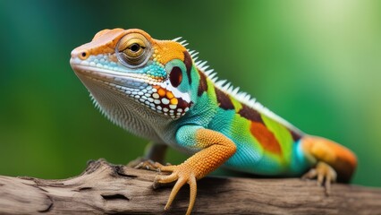 A brightly colored gecko perches on a branch in a lush green environment.