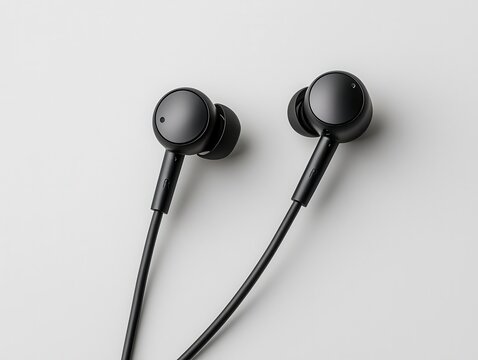 Close-up of inline microphone controls on wired earbuds, white background