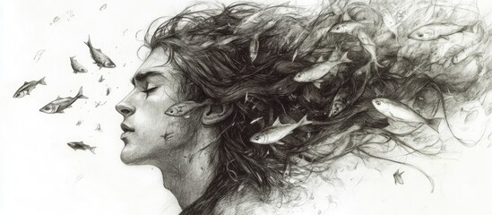 Fototapeta premium Surreal portrait of a man with long hair created using pencil and ink featuring flying fish in a whimsical illustration style