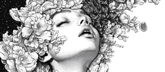 Monochrome ink illustration of a girl s face adorned with floral elements Ideal for an astrology themed poster meditation nature advocacy or an esoteric logo Unique vertical surrealist artwork