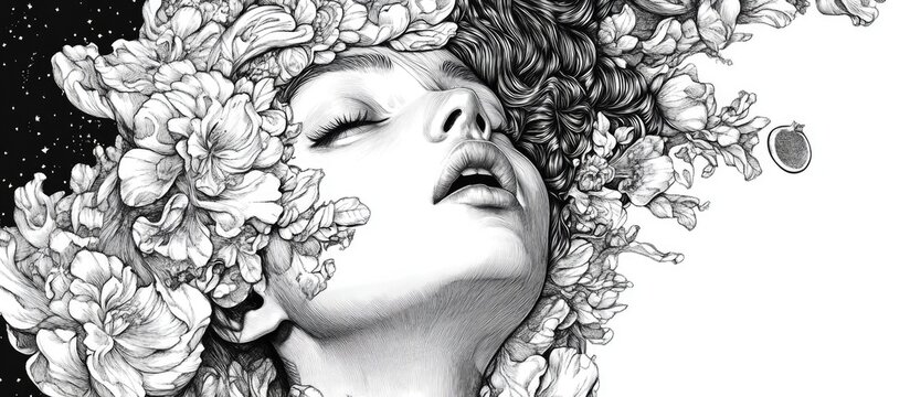 Monochrome ink illustration of a girl s face adorned with floral elements Ideal for an astrology themed poster meditation nature advocacy or an esoteric logo Unique vertical surrealist artwork
