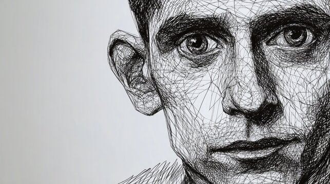 Engraved 2d portrait of Franz Kafka featuring ink contours Celebrated German speaking Bohemian author known for his novels and short stories