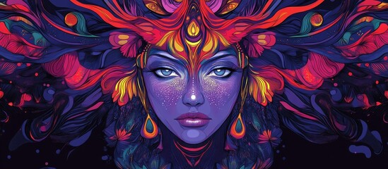 Mystical woman blend of fantasy and alchemy Esoteric tarot inspired artwork Psychedelic portrait reflecting modernity yoga and bohemian themes