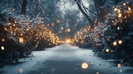 An empty scene featuring (a magical snowfall scene with sparkling lights on the trees), creating an ideal product mockup space, 