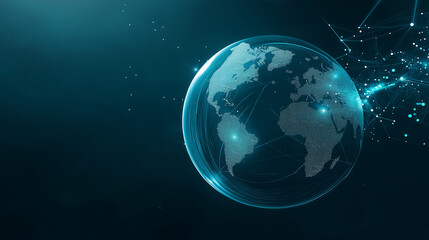 Fototapeta premium Stylized earth globe with connected data lines and glowing elements on dark turquoise background