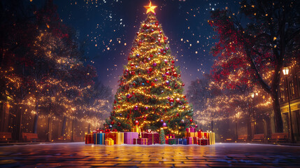 Giant Christmas tree adorned with colorful decorations and twinkling lights, Xmas tree and gift boxes
