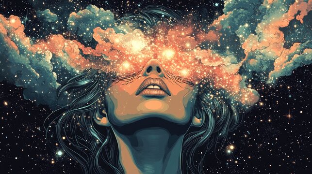 Surreal tattoo art featuring a woman immersed in the cosmos Represents themes of magic esotericism and astrology ideal for t shirt designs