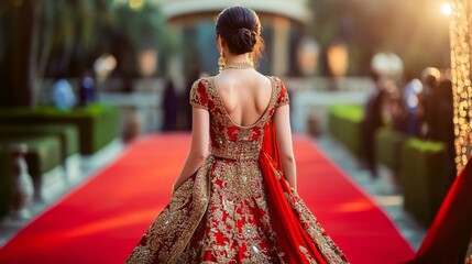 Bollywood Star in Exquisite Traditional Gown: Captivating Back Pose with Intricate Embroidery for Red Carpet Glamour