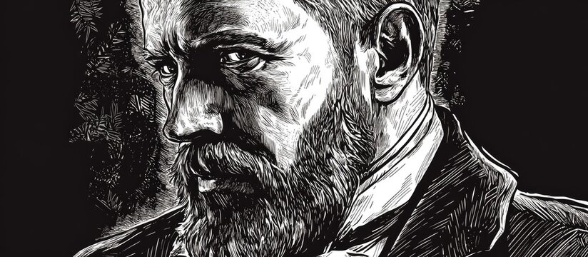 Engraved 2d portrait of Bram Stoker an Irish author renowned for his classic Gothic novel featuring detailed ink contours