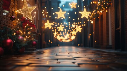 Fototapeta premium An empty scene featuring (a quaint street illuminated by Christmas lights and decorations), creating an ideal product mockup space, 