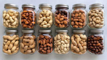 A neatly arranged collection of 12 jars filled with various nuts, including almonds, hazelnuts, pistachios, and peanuts, displayed on a white surface.