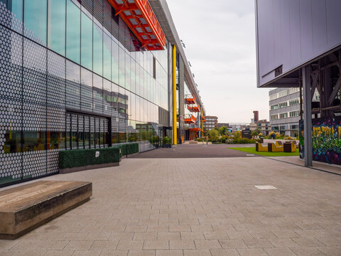 London, UK, September 15th 2024:The Broadcast Centre, view from The Yard. Located at Here East, Stratford, London, E20 3BS. A creative technology campus providing office space and television studios.