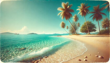 A serene tropical beach with crystal-clear water, soft sand, palm trees, and distant islands, creating a tranquil paradise setting.