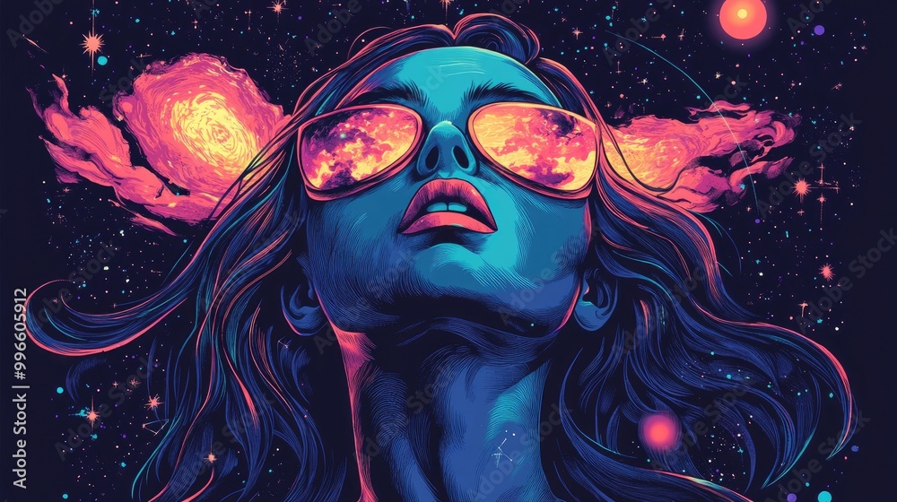 Wall mural surreal tattoo art featuring a woman immersed in the cosmos represents themes of magic esotericism a